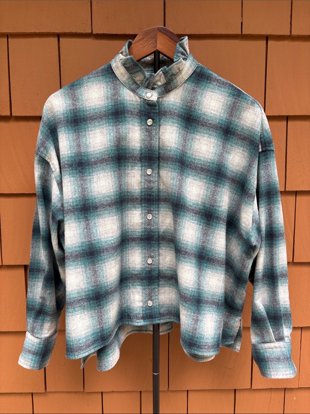 ISABEL MARANT | Teal & Grey Plaid Wool Blend Snap Up Rilaria Blouse | Size S